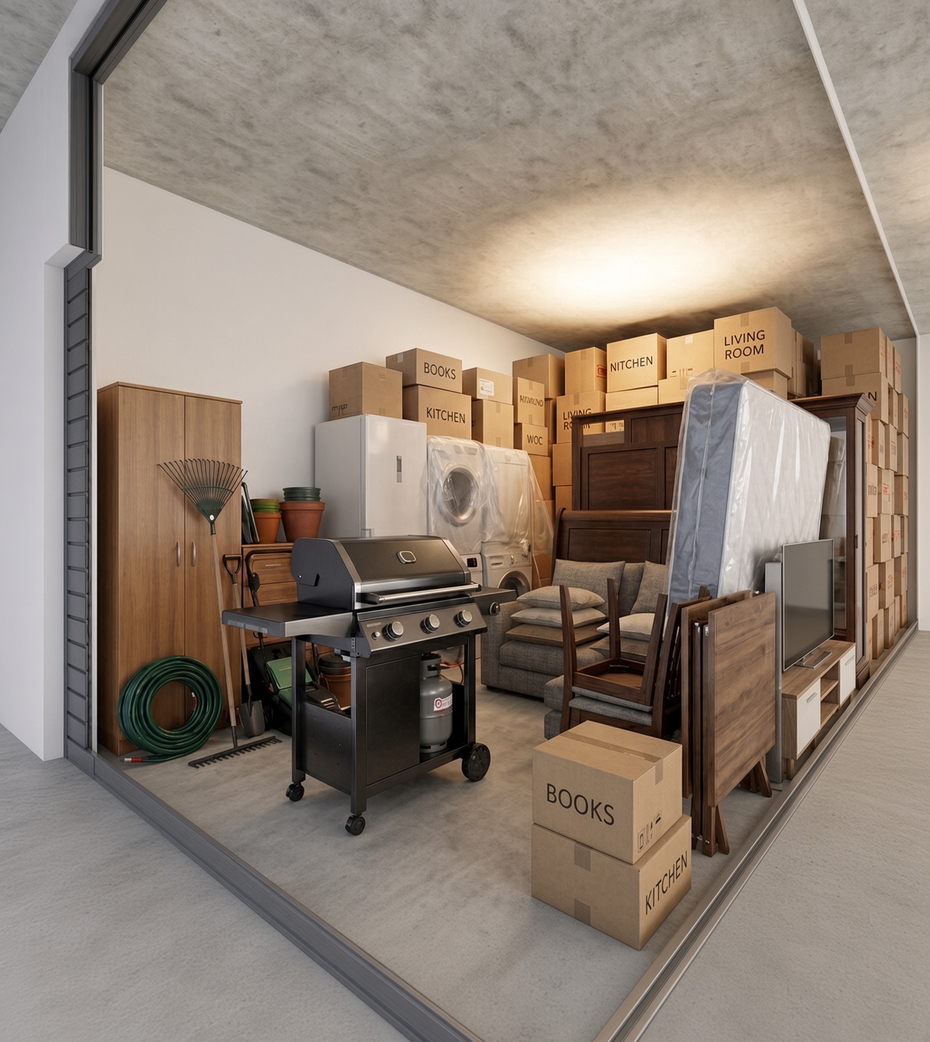 Cut-away view of a 15 m² storage unit packed with appliances, furniture and stacked boxes