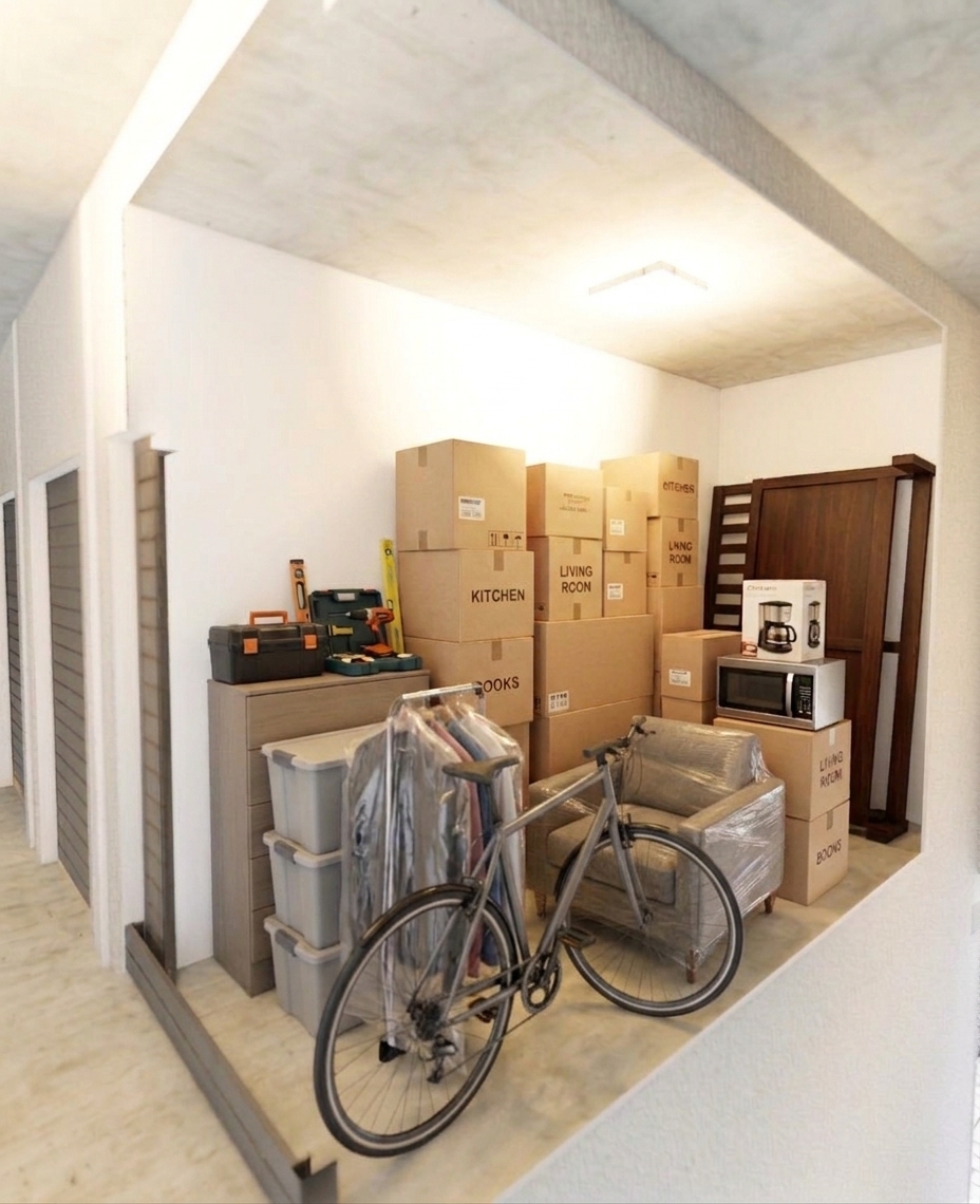 Filled storage unit showing a locker packed with boxes, furniture and household items