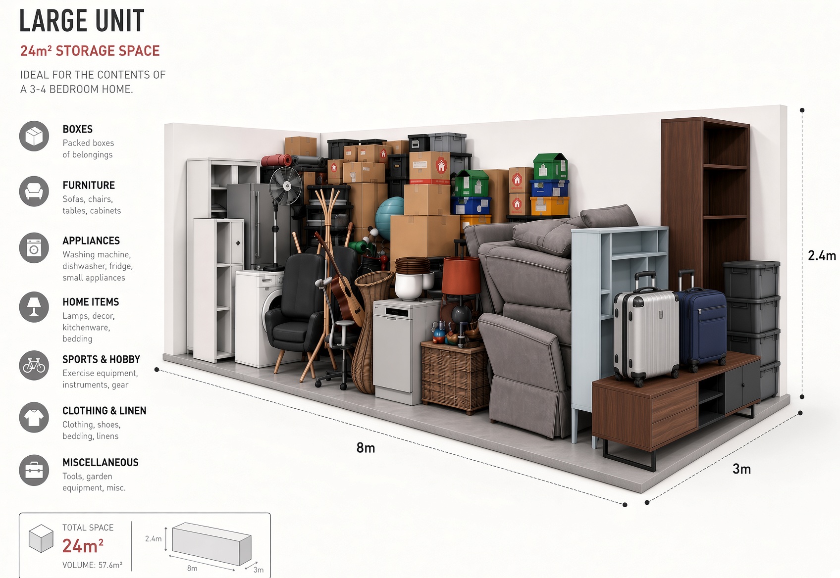 Cut-away view of a 24 m² storage unit filled with a full household of furniture and appliances